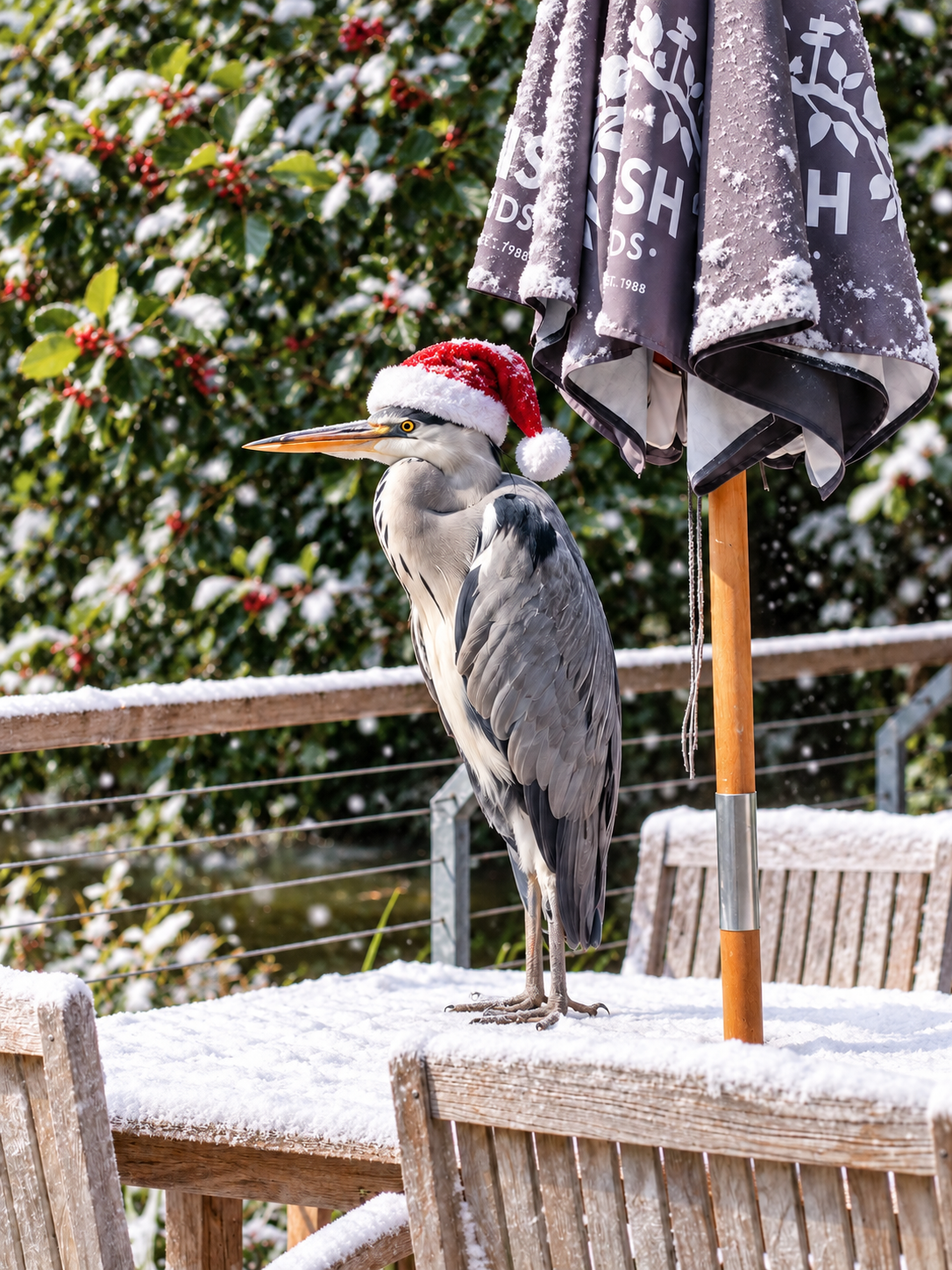 Henry the heron beside the lake at The Old Mill, in a festive Christmas scene