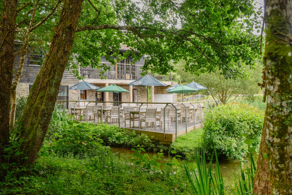 The Old Mill terrace with parasols seen through summer trees beside the water
