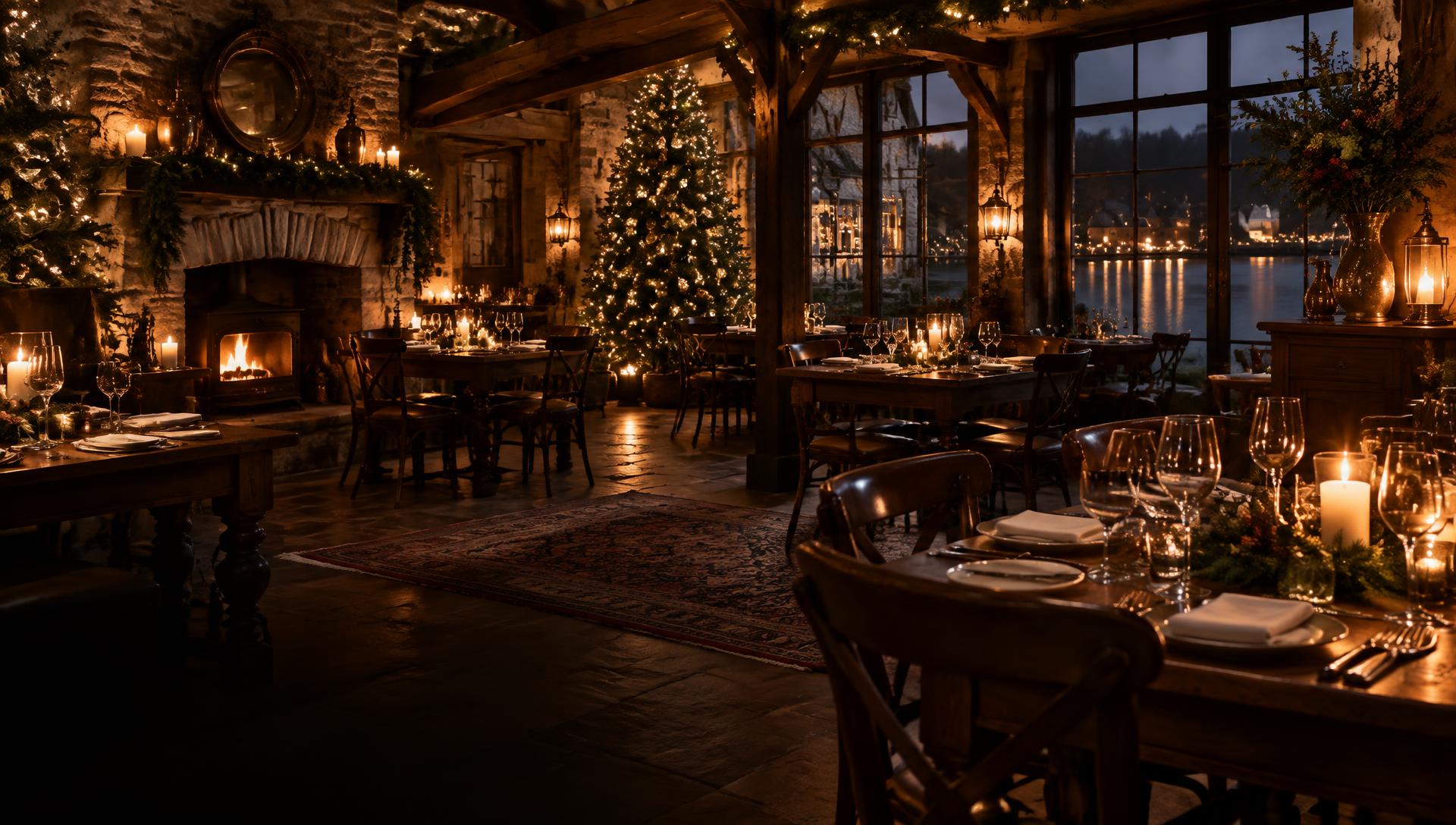 A candlelit Christmas dining room beside the lake